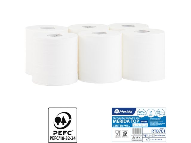 Ręczniki papierowe w roli, MERIDA TOP CENTER PULL MAXI, białe, średnica 18 cm, długość 161,5 m, dwuwarstwowe, zgrzewka 6 rolek